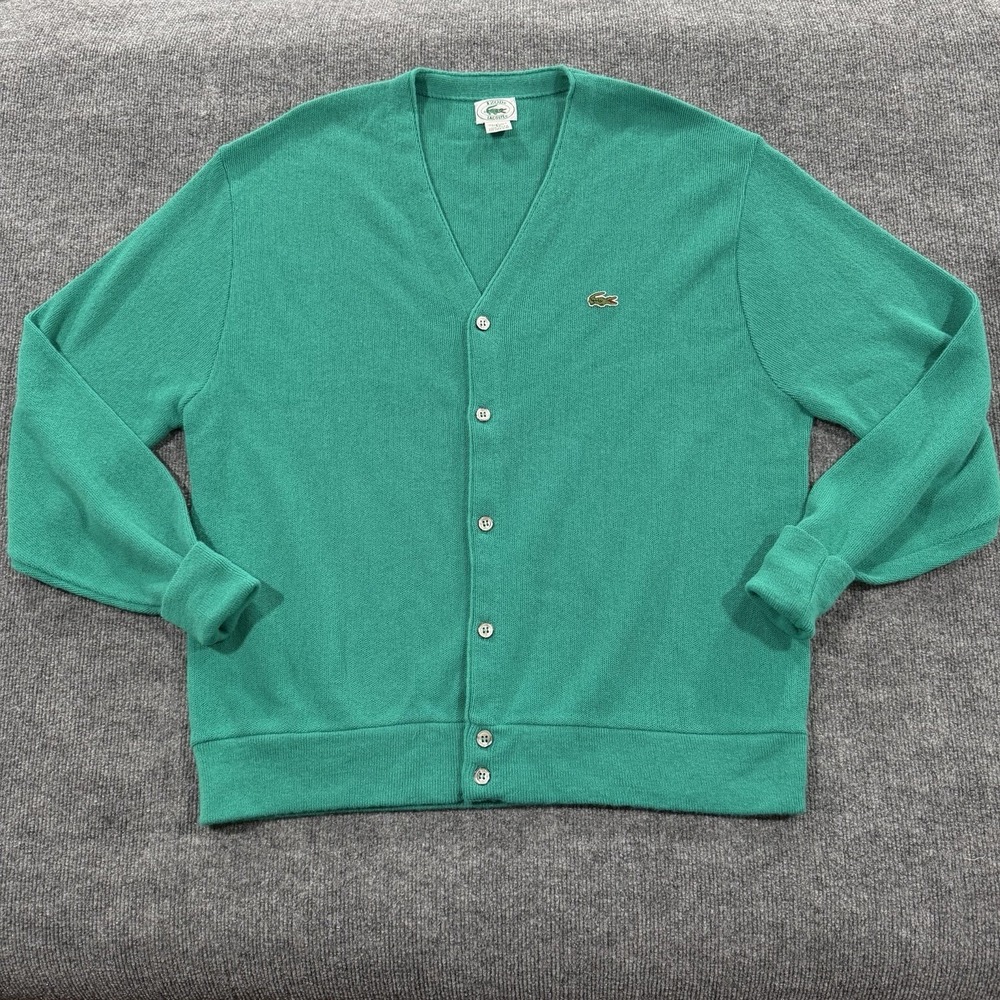 IZOD Lacoste Vintage Knit Cardigan Sweater Alligator Green Mens XL Grandpa